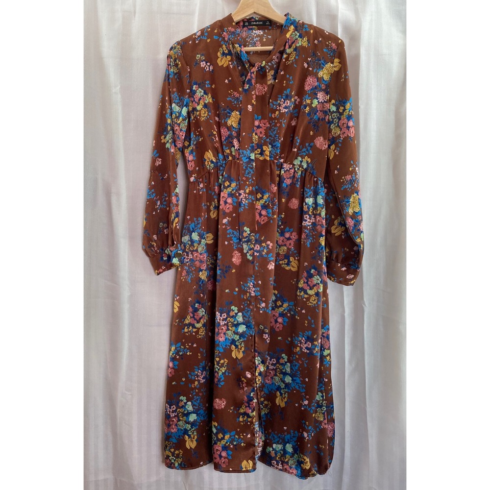 Zara‎ Basic Floral Midi Dress Brown Long Sleeve Tie Neck Women's M Party Wedding